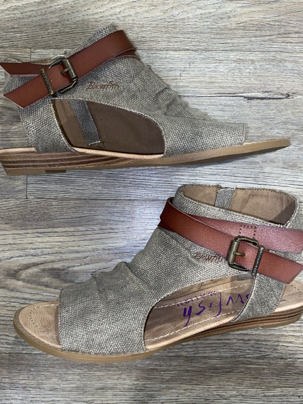 Wedge Sandal Peep-Toe Ankle Boot in Taupe with Brown Strap